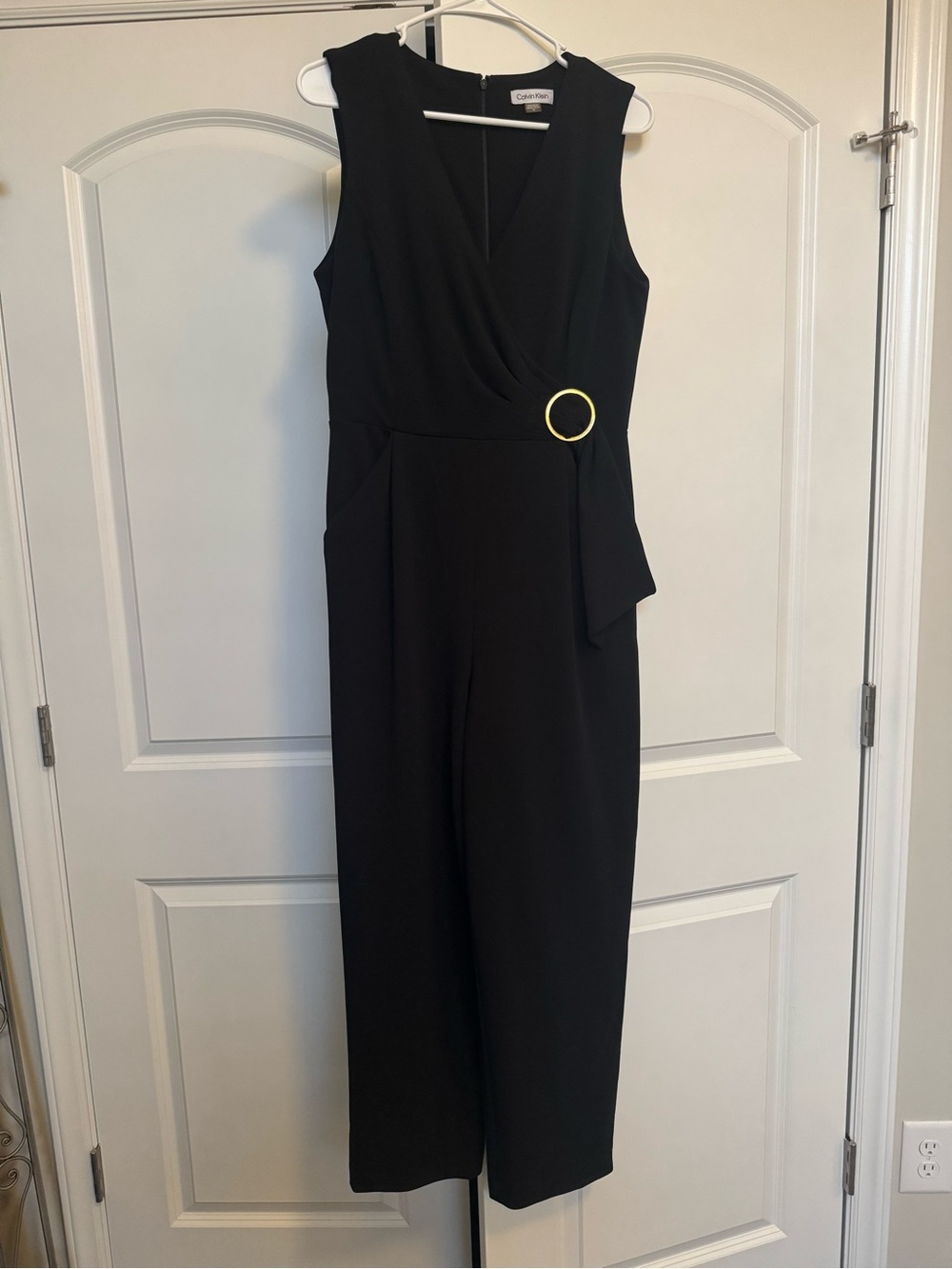 Calvin Klein Black Sleeveless Wrap Jumpsuit with Gold Ring Accent